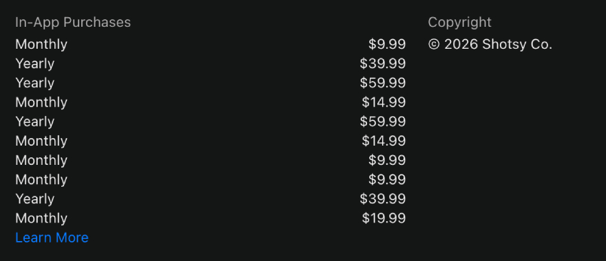 Shotsy app cost: App Store prices.