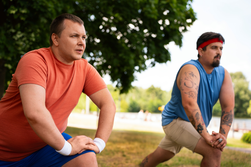 Tirzepatide before-and-after: two men exercising.